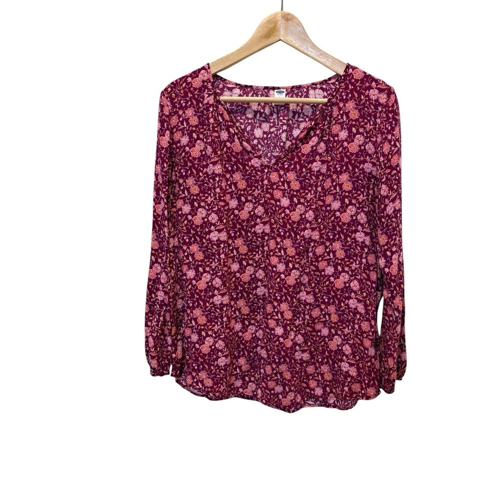 Old Navy Floral Boho Blouse Burgundy Long Sleeve Peasent Tunic Sz L Romantic